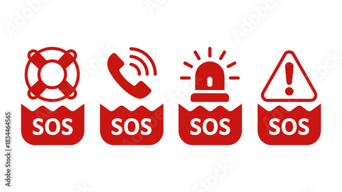 Urgent SOS icons for water safety and emergency response, communicating help needed in maritime distress situations. Vector design for rescue and safety.