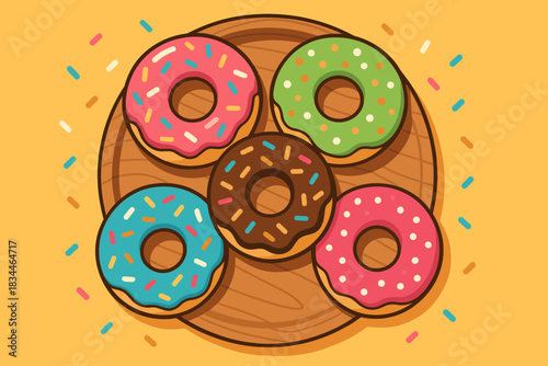 Colorful Donut Arrangement. Flat lay of colorful donuts sprinkled with vibrant toppings on a wooden plate, playful and cheerful,