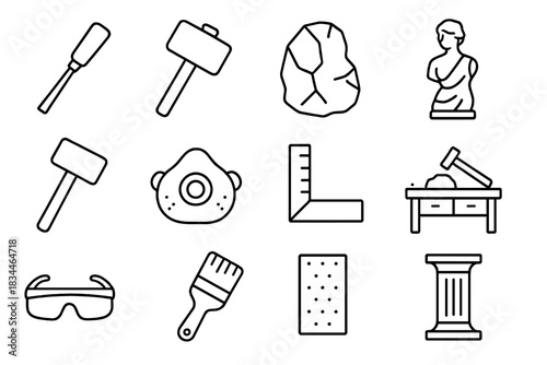 Sculpting Workshop Tools. Line style icons of Sculpture Workshop: Chisel, Mallet, Raw Stone, Polished Statue; Hammer, Dust Mask,