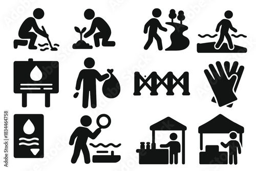 Community Water Initiatives. Solid style icons of Community water projects: volunteer cleanup, planting native trees, river walk,