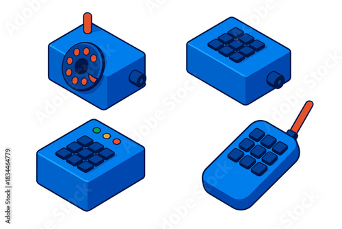 Blue Box Variants. Isometric vector illustration set Blue Box Variants: Touch-tone emulator, dual-tone multi-frequency pad, LED