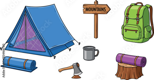 Set of Hiking and Camping Equipment: Tent, Backpack, Sleeping Mat, Mug, Axe, and Mountains Sign; Vector Collection for Outdoor Travel and Adventure