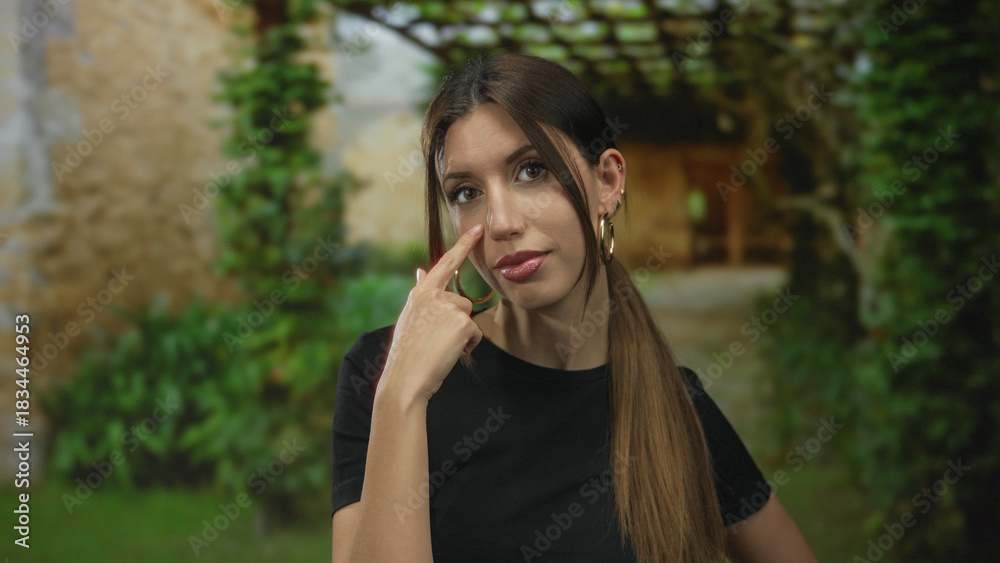Fototapeta premium Woman with long brown hair wearing gold hoop earrings touches her eye with a finger at building entrance; focus calm.