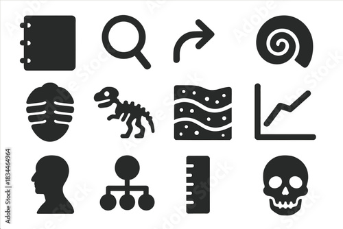 Solid Style Icon Set. Solid style icons of documenting and analyzing assemblages: notebook, magnifying glass, arrow, spiral,