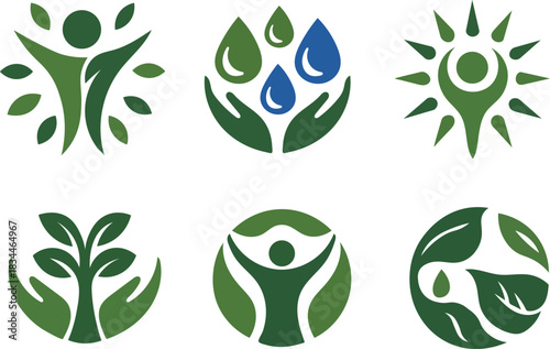 Eco friendly nature and wellness logo set with green leaves