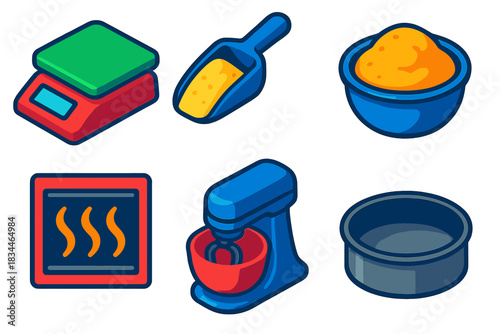 Baking Science Icons. Isometric vector illustration set Baking Science: measuring scale, flour scoop, rising dough, oven heat