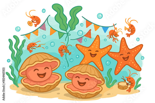 Ocean Carnival Magic. Ocean carnival with smiling clams, dancing sea stars, kelp balloons, and tiny shrimp musicians No text, No