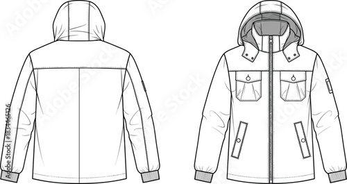 Men's casual hooded parka jacket flat technical drawing vector illustration, front and back view, apparel template, ribbed hem, pockets, fashion sketch.