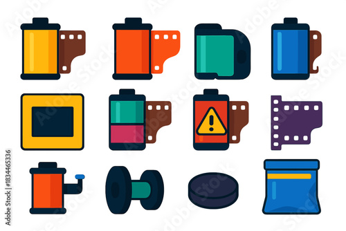 Colorful Film Icons. Flat vector icons of Film Rolls: 35mm roll, 120 film, APS cassette, half-frame roll, slide film, infrared