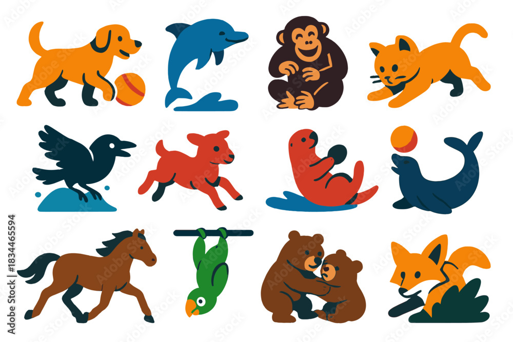 Naklejka premium Playful Animal Icons. Flat vector icons of animal play: dog with ball, dolphin jumping, chimp tickling, kitten pouncing, raven