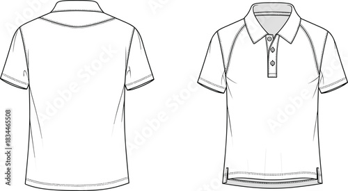 Polo shirt technical drawing, front and back view, vector illustration, raglan sleeve template, short sleeve knit top isolated on white.