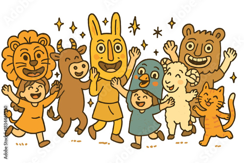 Cheerful Ceremonial Animals. Joyful doodle ceremonial animal practices with happy villagers, cartoon masks and costumes with faces