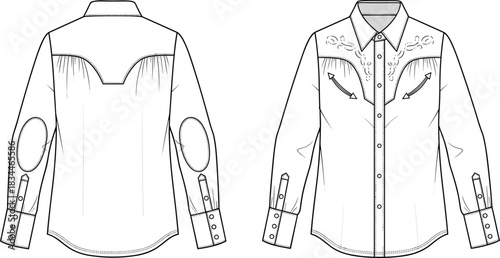 Vector technical sketch of a men's long sleeve Western shirt with embroidered yokes, snap buttons, elbow patches, and button cuffs, front and back view,