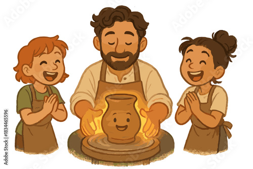 Joyful Wheel-Throwing Session. Wheel-throwing lesson with happy clay spinning, teacher guiding with glowing hands, and apprentices