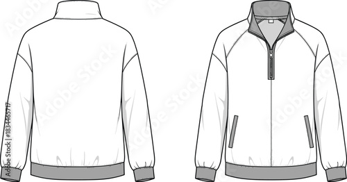 Vector technical sketch of an oversized women's or men's quarter zip pullover sweatshirt with raglan sleeves, ribbed cuffs, and hem, front and back view,