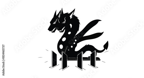Mythical dragon creature sitting on letter H fence silhouette, powerful fantasy symbol, dark mystic illustration