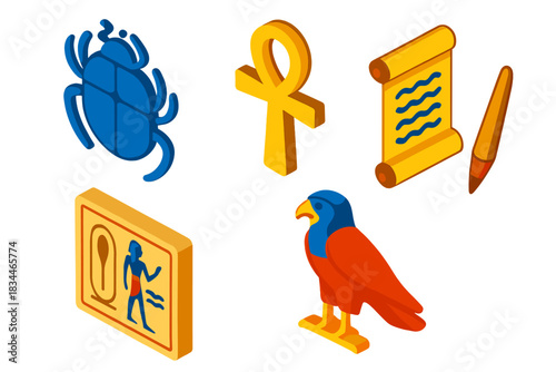 Vibrant Egyptian Icons. Isometric vector illustration set Egyptian Hieroglyphs: scarab symbol, ankh cross, carved wall panel,