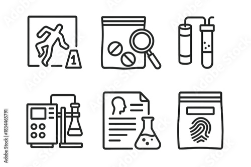 Forensic Mass Spectrometry Icons. Line style icons of Forensic Applications of Mass Spectrometry: crime scene sample, drug residue