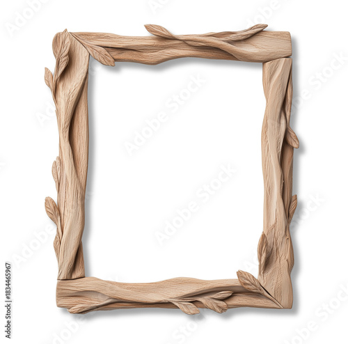 Artistic wooden photo frame with carved branch and leaf details isolated on transparent background for decoration