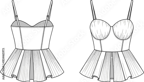 Women's sexy pleated peplum corset cami top flat technical drawing vector illustration, sweetheart neckline, adjustable straps, fashion design, party wear sketch.