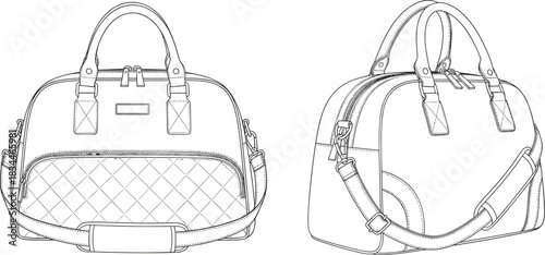 Women's modern quilted duffel bag technical drawing vector illustration, front and side perspective view, shoulder strap, luggage accessory, fashion design sketch.