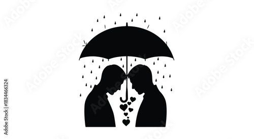 Loving couple sharing umbrella on rainy day with hearts, romantic relationship and love concept in simple modern illustration style