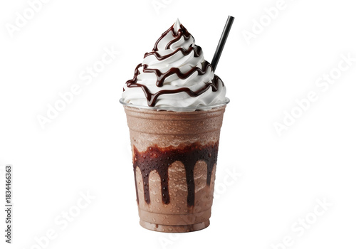 Refreshing mocha frappe in a clear plastic cup with visible layers, condensation, whipped cream, and chocolate drizzle, against a white background with copy space, concept for beverage advertising