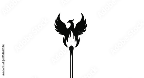 Phoenix bird rising from torch flame symbol of rebirth and resilience in black silhouette on white background
