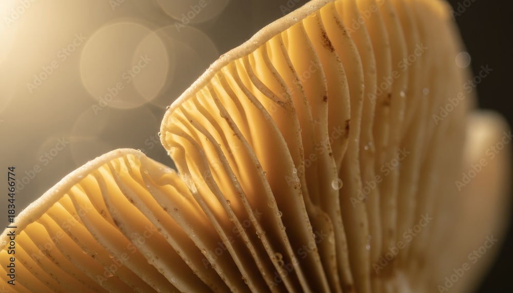 Fototapeta premium Delicate mushroom gills with tiny water droplets are illuminated by warm, golden sunlight, creating a magical and serene natural abstract pattern