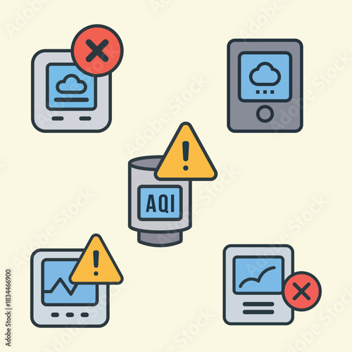 AQI Warning and System Error Alert Icons Set, Air Quality Notification, Cloud Error, Mobile App Warning Vector Pack