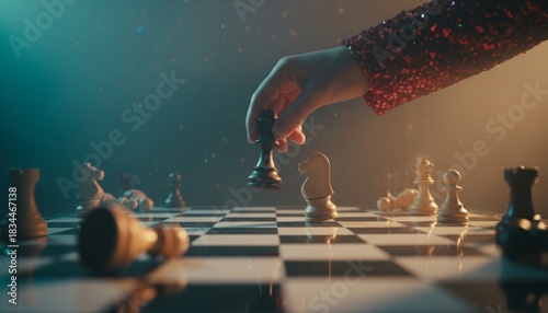 Woman's hand in a red sequined sleeve makes a strategic move with a black chess piece on a glossy board during an intense, dramatically lit game