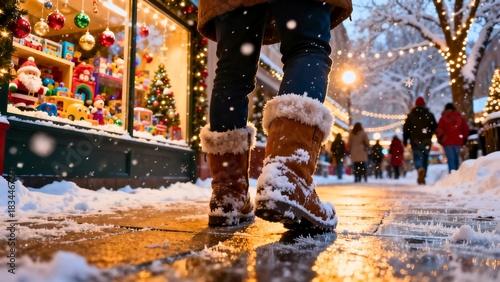 A low-angle shot from icy pavement, boots in falling snow looking up into a tall toy-store window brimming with colorful Christmas holiday displays