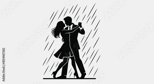 Romantic couple dancing together under rain, happy, loving, passionate, silhouette illustration, modern, black and white, vector art