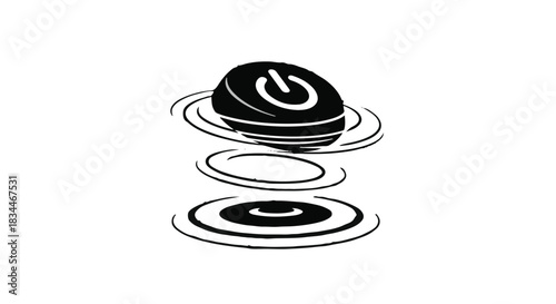 Black power button symbol with concentric circles rippling through water, abstract technology concept with modern design elements