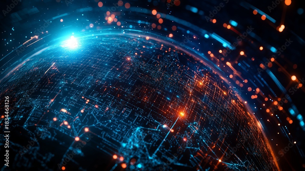 Obraz premium Dynamic digital network with glowing connections for modern tech concepts or futuristic visualizations, vibrant abstract communication technology design