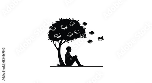 Silhouette of a person sitting under a knowledge tree with books falling like leaves, symbolizing learning and ideas.