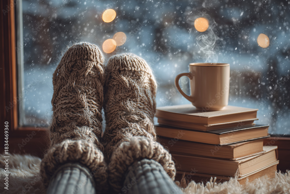 Obraz premium close-up of feet wearing chunky wool socks resting by a rainy window with a mug and books