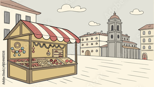 A vibrant market stall brimming with fresh produce stands against the backdrop of a charming european town square, complete with a historic church