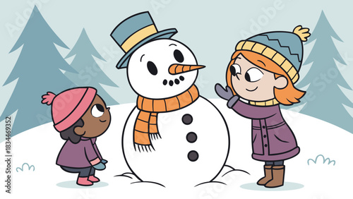 Two children building a snowman with a hat and scarf in a snowy landscape with pine trees, enjoying a fun winter activity together