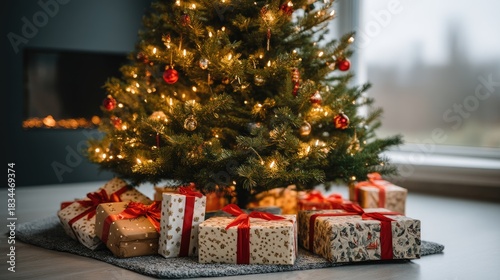 A beautifully decorated Christmas tree stands in a stylish room filled with red and gold ornaments, alongside softly glowing candles