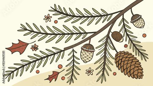 A festive sprig of evergreen with pinecone, acorns, leaves, and tiny flowers, rendered in a charming, handdrawn style with a soft, muted color palette