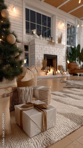 A beautifully decorated Christmas tree stands in a stylish room filled with red and gold ornaments, alongside softly glowing candles