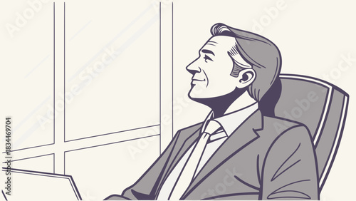 A businessman in a suit sits at his desk, gazing out the window with a smile, contemplating the future