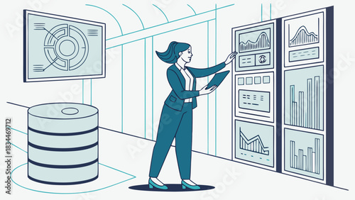 Data analyst examining charts and graphs in a server room, visualizing data and making informed decisions