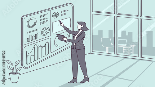 A businesswoman analyzes data on a large screen in a modern office, using a tablet and smartphone to interact with charts and graphs