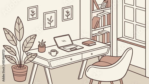 A cozy home office setup featuring a desk with a laptop, a potted plant, and a bookshelf, creating a comfortable and productive workspace