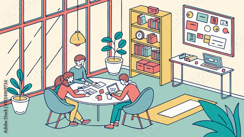 A collaborative team brainstorms ideas around a table in a sunlit office, fostering creativity and innovation in a modern workspace setting