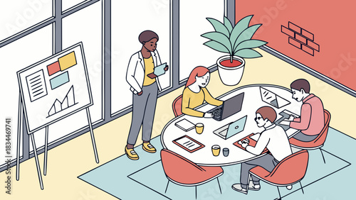 A diverse team collaborates around a table, discussing project updates and strategies in a modern office space with a whiteboard and plant