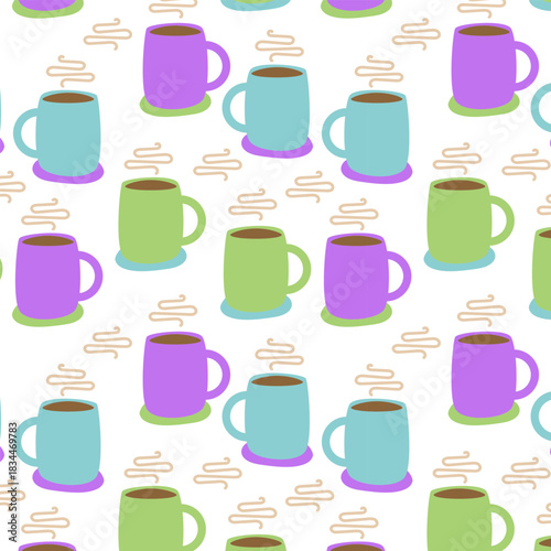 Colorful Coffee Mug Seamless Background for Beverage Packaging and Kitchen Decor