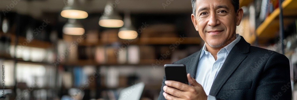 Fototapeta premium Cheerful Middle Aged Businessman Posing with Smartphone in Modern Office for Professional Portraits